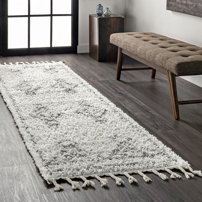 White Geometric Synthetic Shag Runner Rug with Tassels