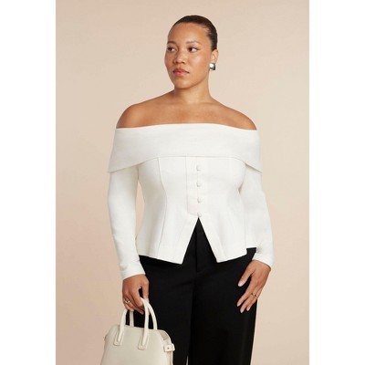 ELOQUII Women's Plus Size Fold Over Top With Front Button Detail