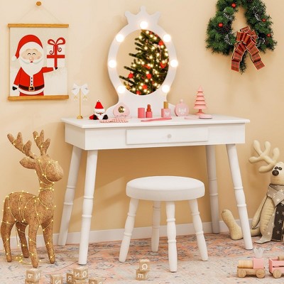 Costzon Kids Vanity Set with Mirror, Stool & Lights, Drawer, 2-in-1 Wooden Makeup Desk, Pretend Play Vanity Table & Chair Set (White)