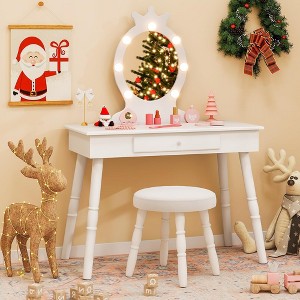 Costzon Kids Vanity Set with Mirror, Stool & Lights, Drawer, 2-in-1 Wooden Makeup Desk, Pretend Play Vanity Table & Chair Set (White) - 1 of 4