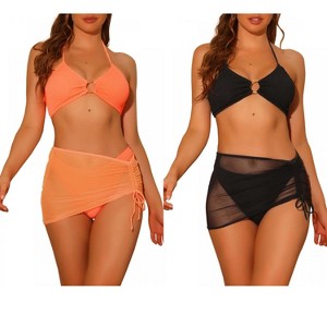 Elerevyo Women's Halter Ring Textured Solid Color Cover Up Mesh Skirt Bikini Bathing Suits 2 Sets - 1 of 4