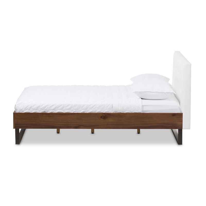 Queen Mitchell Rustic Industrial Walnut Wood and Faux Leather Metal Platform Bed White - Baxton Studio, 3 of 10
