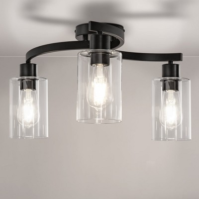 YANSUN 11.8 in. 3-Light Semi-Flush Mount Ceiling Light, Matte Black Bedroom Light Fixtures with Clear Glass Shades