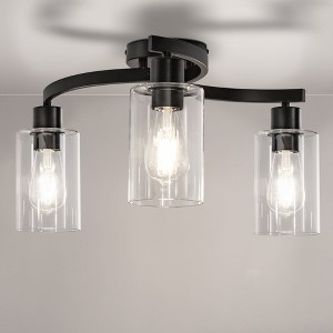 YANSUN 11.8 in. 3-Light Semi-Flush Mount Ceiling Light, Matte Black Bedroom Light Fixtures with Clear Glass Shades - 1 of 1