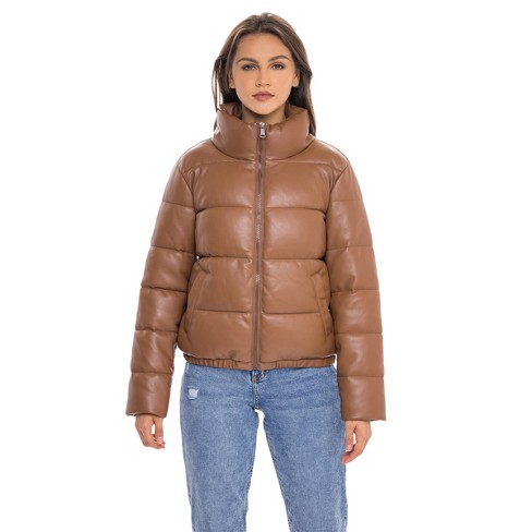 Women's Faux Leather Puffer Jacket, Puffy Coat - S.e.b. By Sebby Toffee ...