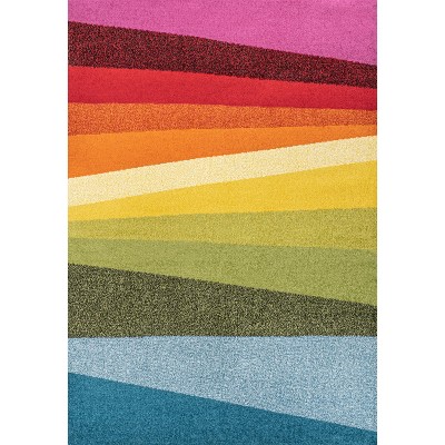 Colorful Geometric Striped Blue Synthetic Kids' 4' x 6' Rug