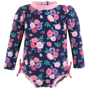 Hudson Baby Girls Rashguard Toddler Swimsuit, Navy Bright Pink Floral - 1 of 2