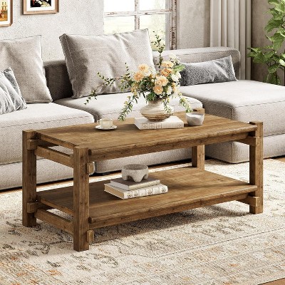 Tribesigns 47-Inch Solid Wood Coffee Table, 2-Tier Farmhouse Center Table with Storage Shelf, Rectangle Tea Table for Living Room, Brown
