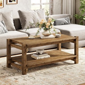 Tribesigns 47-Inch Solid Wood Coffee Table, 2-Tier Farmhouse Center Table with Storage Shelf, Rectangle Tea Table for Living Room, Brown - 1 of 4