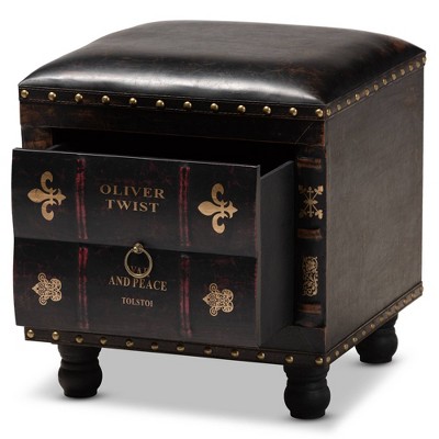 Charlier Rustic Dark Brown Faux Leather Storage Ottoman with Book Spine Drawer