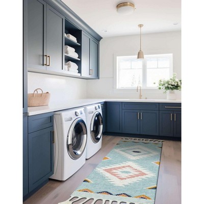 Handmade Light Aqua Wool Geometric Runner Rug