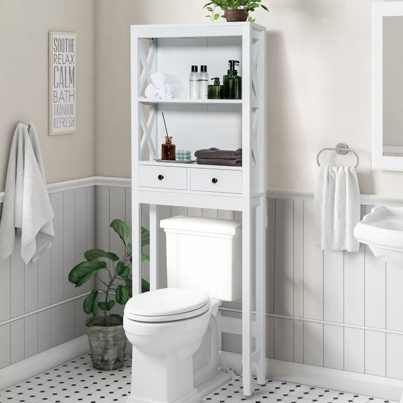 Costway Over the Toilet Storage Rack Bathroom Space Saver with 2 Open Shelves & Drawers, 2 of 11