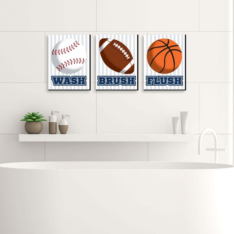 Big Dot of Happiness Go, Fight, Win - Sports - Kids Bathroom Rules Wall Art - 7.5 x 10 inches - Set of 3 Signs - Wash, Brush, Flush, 3 of 9