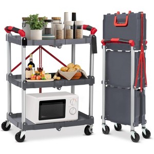 3 Tier Portable Collapsible Service Cart, Foldable Rolling Utility Cart with 360¡ã Swivel Wheels, 2 Brakes, for Home Office Garage, Grey - 1 of 4