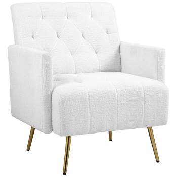 HOMCOM Berber Fleece Accent Chair, Upholstered Tufted Armchair with Gold Steel Legs, Fabric Reading Chair for Living Room and Bedroom, White