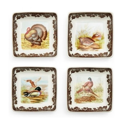 Spode Woodland Set of 4 Square Dishes, 3" - Dip Bowls - Assorted Animal Designs, Porcelain Ceramic Hunting-Themed, Microwave & Dishwasher Safe