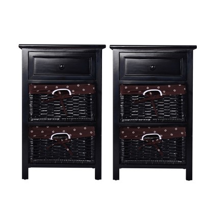 Tangkula 2 PCS 3-tier Nightstands  Bed Side Wood Table Storage Units End Table Organizer w/2 Rattan Drawers