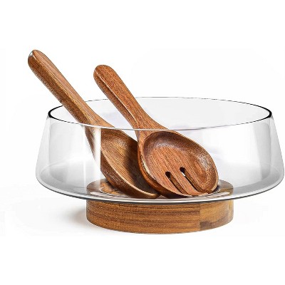 BRINJOY Extra Large Glass Salad Bowl Set - Party Salad Bowls with Acacia Wood Base and Serving Utensils - Elegant and Practical Kitchen Must-Have