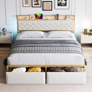 coucheta Bed Frame with 2 Drawers and Charging Station,Upholstered LED Bed Frame with Storage Headboard,Noise-Free,No Box Spring Needed,Easy Assembly - 1 of 4
