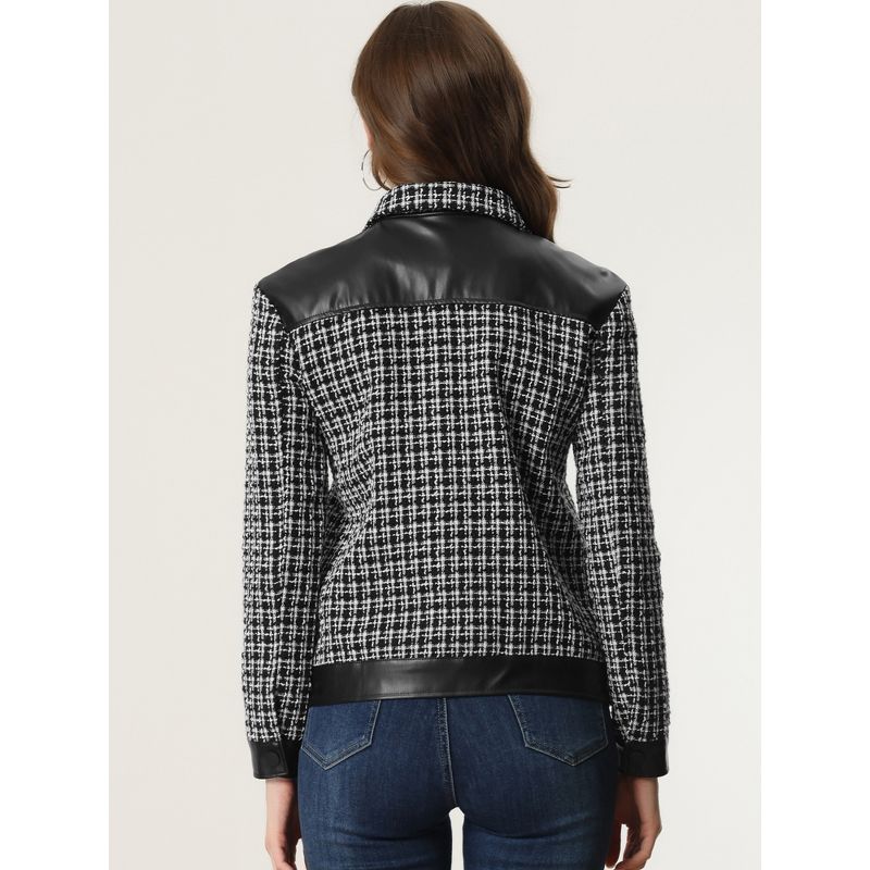 Allegra K Women's Zipper Long Sleeve Faux-Leather Plaid Patchwork Tweed Jacket, 4 of 7