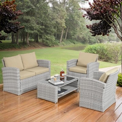 ELJGET 4 Piece Patio Furniture Set Outdoor Wicker Conversation Sets All Weather PE Rattan Sectional Sofa Set with Cushions & Coffee Table