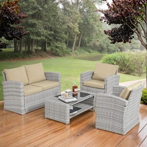 ELJGET 4 Piece Patio Furniture Set Outdoor Wicker Conversation Sets All Weather PE Rattan Sectional Sofa Set with Cushions & Coffee Table - 1 of 4