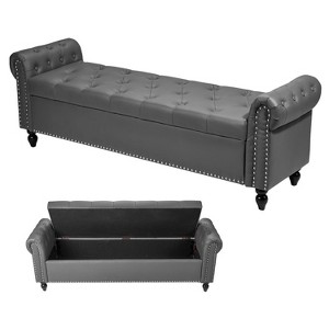 VEVOR Button-Tufted Storage Ottoman Bench, Rolled Arm PU Leather Bench with Solid Wood Legs, Upholstered End of Bed Benches, Gray - 1 of 4
