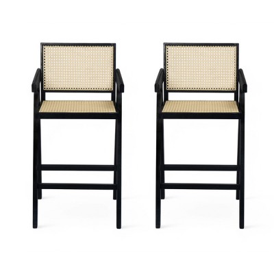 FURNIinspire Counter And Bar Stools Modern Bar Stool, Counter Height Bar Stools, Kitchen Stools Bar Chair with Cane Seat, Black, 22.5"*20.25"*39.5"