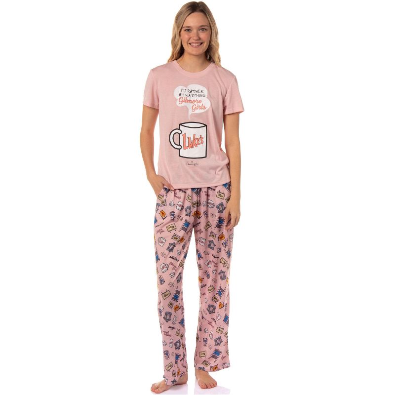 Gilmore Girls Women's I'd Rather Be Watching TV Show Tossed Icon Pajama Set Pink, 1 of 6