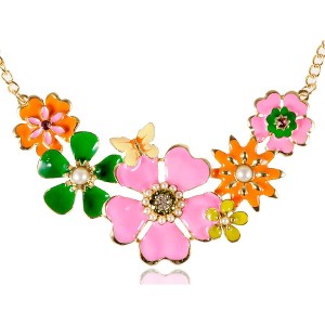 Alilang Gold Tone Multicolor Enamel Floral Statement Necklace with Pearl and Crystal Accents - 1 of 4