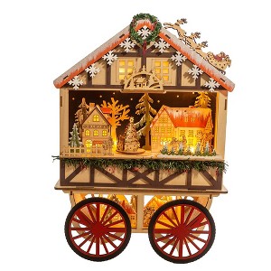 Kurt Adler 18.9-Inch Battery-Operated Light Up Musical Wood Wagon with Santa and Christmas Village Scene - 1 of 4