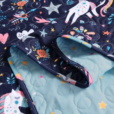 Navy Unicorn Heart Reversible Microfiber Full Quilt Set
