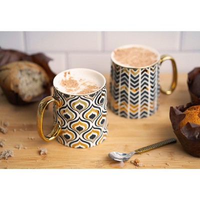 Black and Gold Geometric Ceramic Coffee Mugs, Set of 2