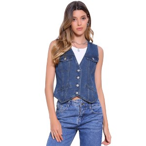 INSPIRE CHIC Women's Button Down V Neck Sleeveless Denim Vest Jacket - 1 of 4