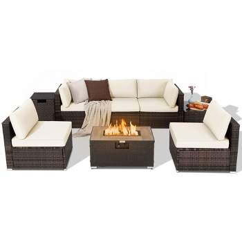 Costway 8PCS Patio Rattan Furniture Set Fire Pit Table Tank Holder Cover Deck Off White/Black/Navy/Red/Turquoise