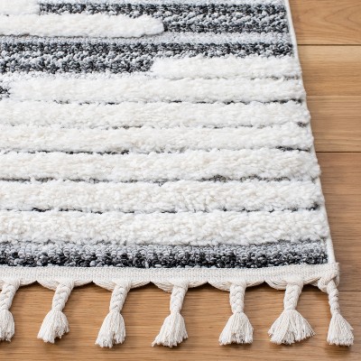 Ivory and Dark Gray Diamond Shag Runner Rug with Tassels