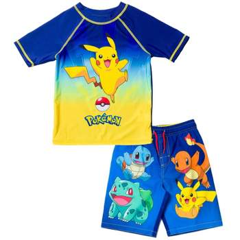 Pokemon Bulbasaur Charmander Squirtle Pikachu Pullover Rash Guard and Swim Trunks Outfit Set Toddler to Big Kid
