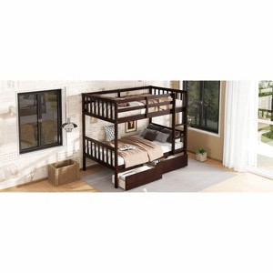 Okak Twin Over Twin Rubber Wood Bunk Bed with Drawers Loft Bunk Bed with Ladder & Safety Guardrail for Teens, Convertible into 2 Twin Beds, Espresso - 1 of 4