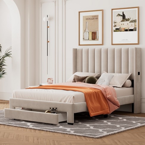 Full Size Velvet Upholstered Platform Bed, Storage Bed With A Big ...