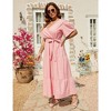Women Plus Size Maxi Dress V Neck Summer Dress Short Sleeve Long Dress High Waist Ruffle Casual Dress with Belt, Pink, XL - 3 of 4