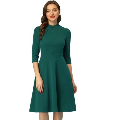 INSPIRE CHIC Women's Vintage 3/4 Sleeves Stand Collar Office Work Elegant A-Line Dress