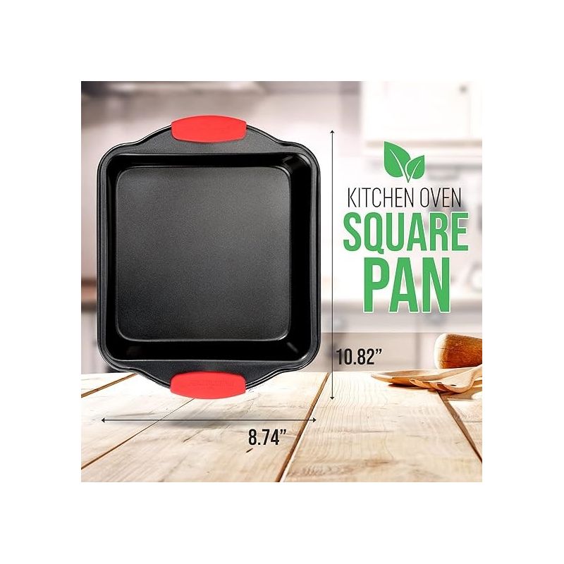 NutriChef Non-Stick Square Pan - Deluxe Nonstick Gray Coating Inside and Outside with Red Silicone Handles, 2 of 6