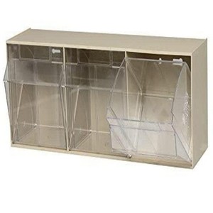 Quantum Storage Systems Tip Out Bin, (3) Compartment, Handle With Label Slot, Opens To A 45° Angle - 1 of 2