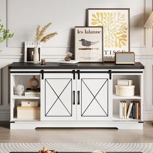 Farmhouse TV Stand and Entertainment Center for TV Up to 65 Inches with Sliding Barn Doors and Adjustable Shelf, White & Brown - 1 of 4