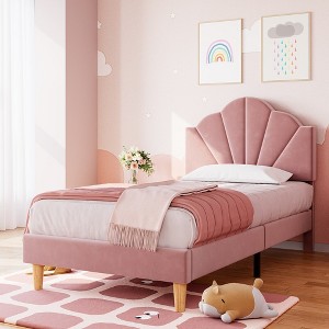 Twin Platform Bed Frame, Velvet Upholstered Platform Bed Frame with Height Adjustable Headboard, Strong Wood Slat Support, Easy to Assemble - 1 of 4