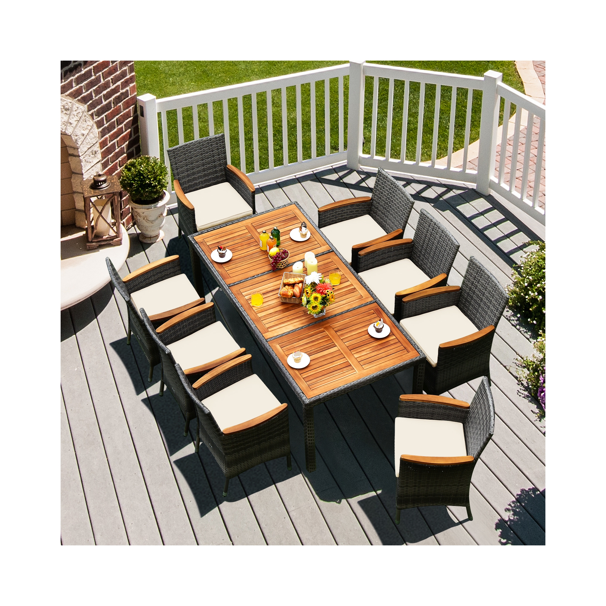 Costway 9PCS Patio Rattan Dining Set Mix Gray Acacia Wood Table Cushioned Chair