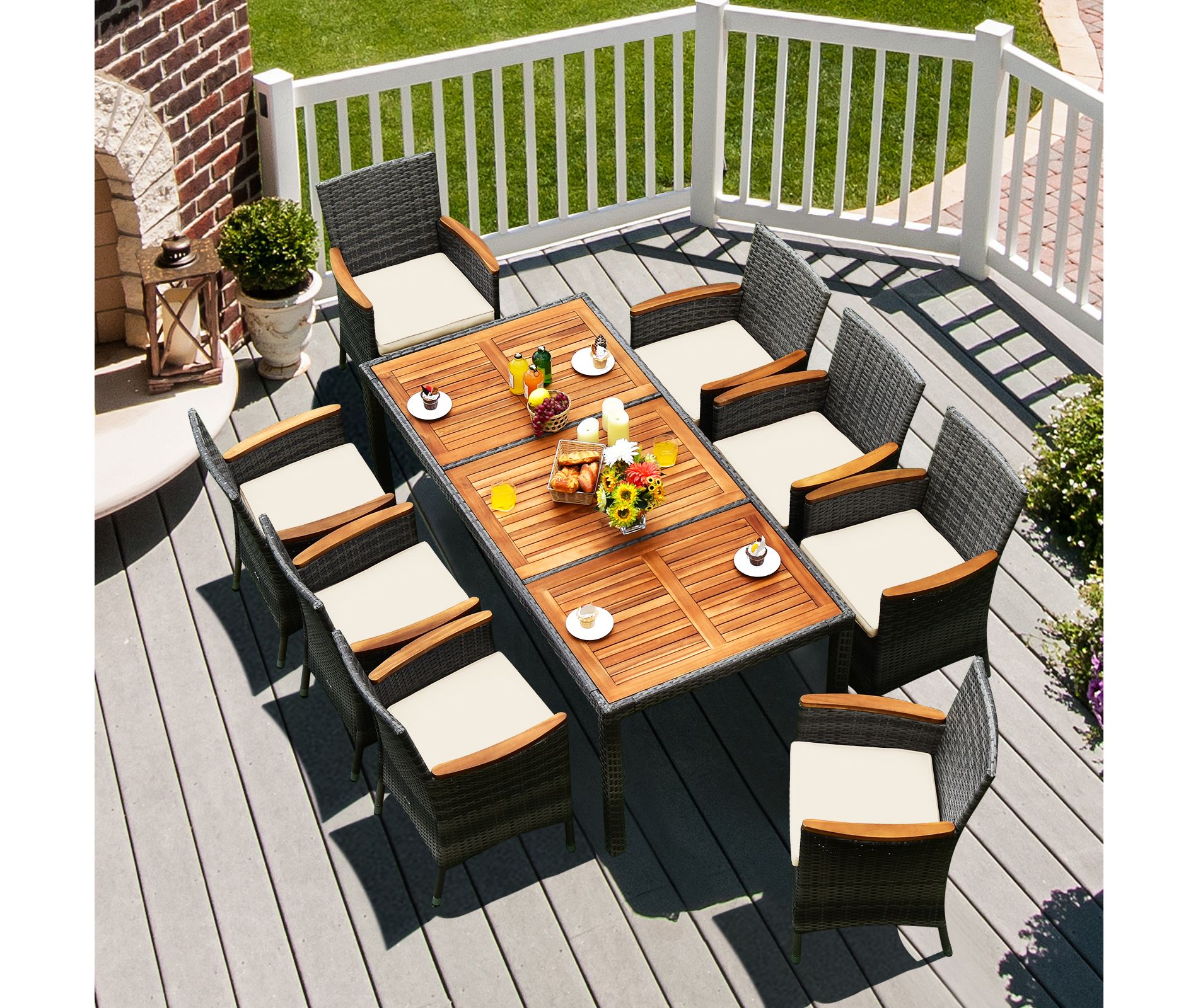 Costway 9PCS Patio Rattan Dining Set Mix Gray Acacia Wood Table Cushioned Chair