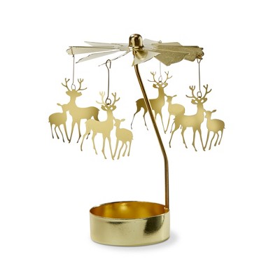 Tag Christmas Reindeer Carousel Tealight Candle Holder Gold Metal, 3.0 x 3.0 x 5.0 inches