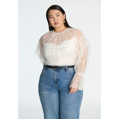 ELOQUII Women's Plus Size Lace Flared Sleeve Blouse