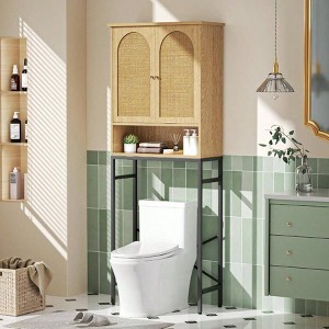 Rattan Toilet Storage Cabinet Over the Rack Wood Cabinet with Metal Stand Bathroom Organizer Adjustable Shelf Tall Freestanding - 1 of 4